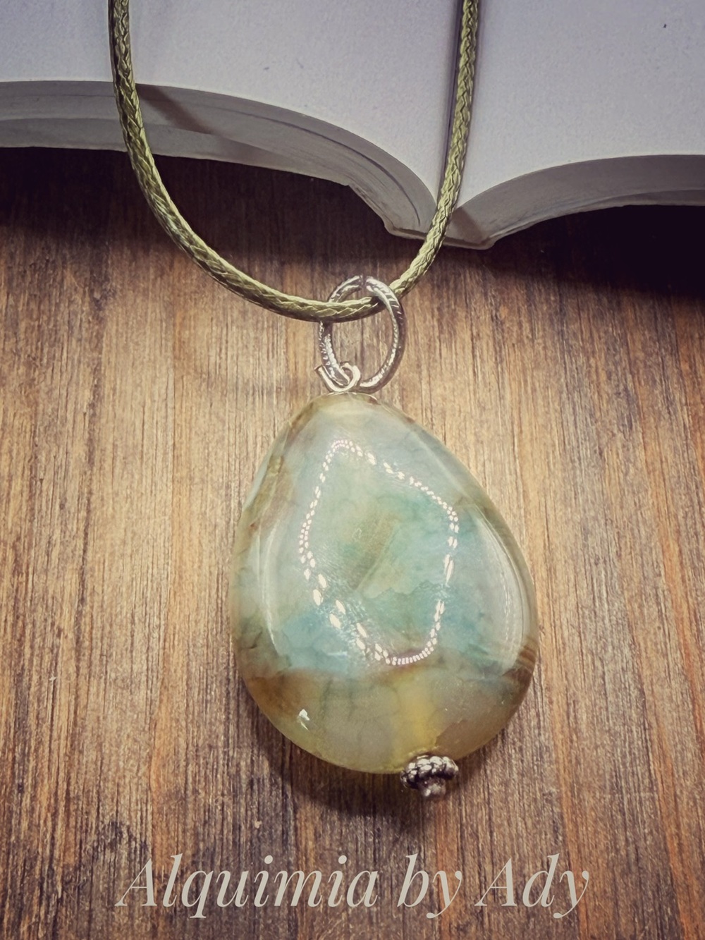 Olive Green moss agate and Aqua Teardrop Pendant Necklace